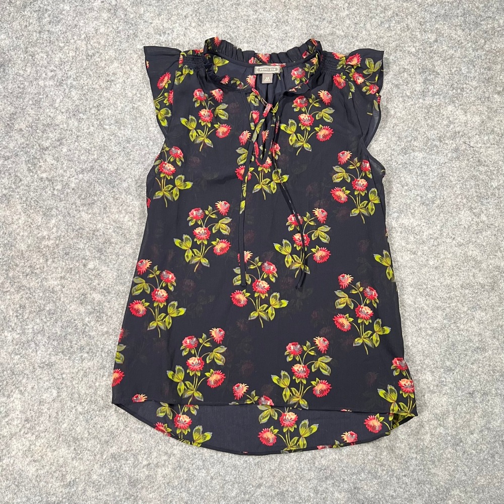 Point Sur Top Womens XS Navy Floral Ruffle Tie Neck Flutter Sleeve Boho Blouse